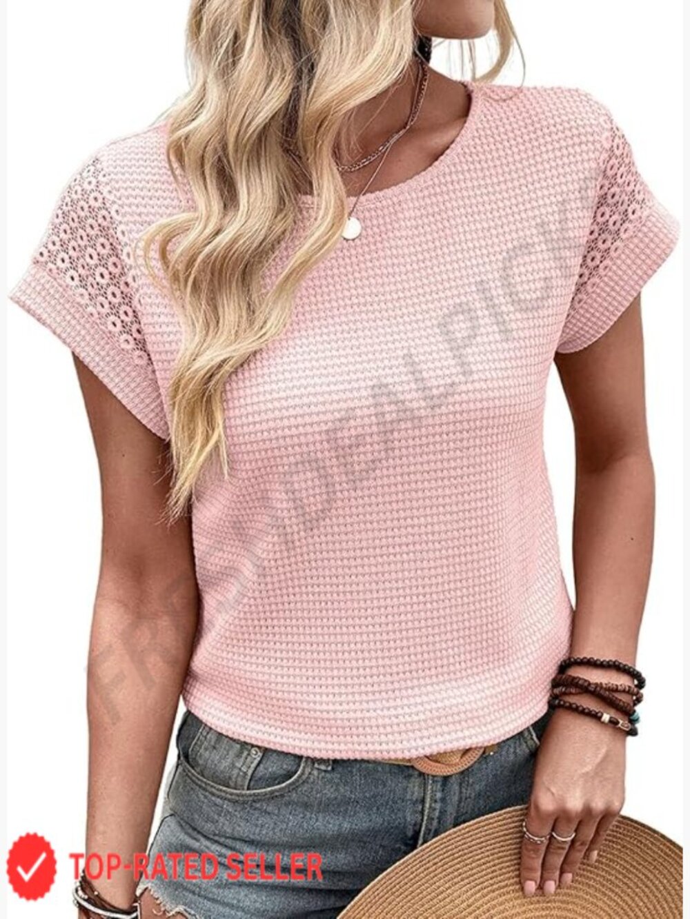 Waffle Knit Lace Hollow Out Short Sleeve Crewneck Tee Loose Fit Casual